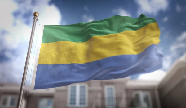 Gabon Flagge 3D-Rendering auf blauem Himmel Gebäude Hintergrund — Stockfoto