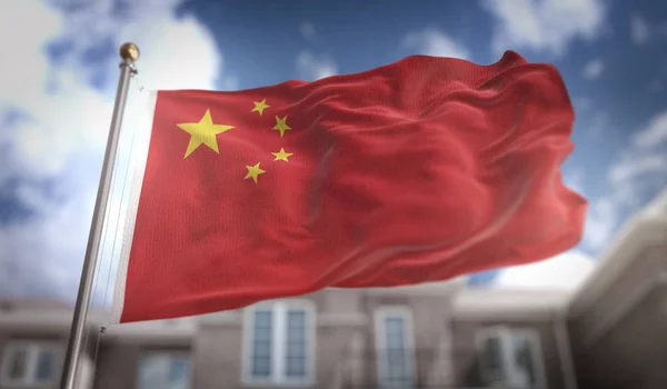 China vlag 3d Rendering op Blue Sky Building Background — Stockfoto