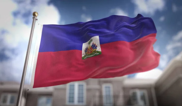 Flaga Haiti renderowania 3d na tle budynku Sky Blue — Zdjęcie stockowe