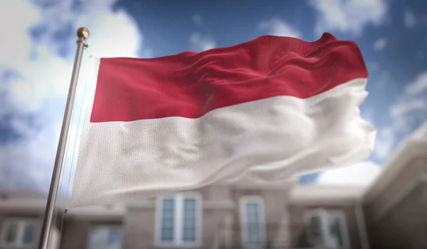 Indonesia Bandera 3D representación en el fondo del edificio del cielo azul —  Fotos de Stock