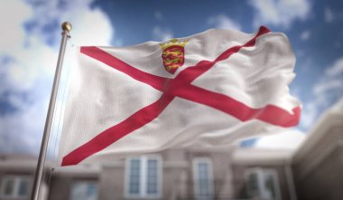 Jersey bayrak mavi gökyüzü bina arka plan üzerinde 3d render 