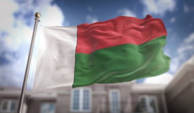 Madagaskar bayrağı mavi gökyüzü bina arka plan üzerinde 3d render 