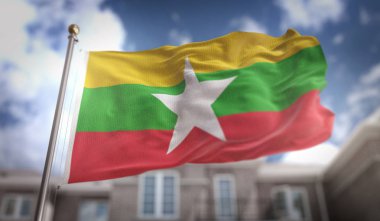 Myanmar bayrağı mavi gökyüzü bina arka plan üzerinde 3d render 