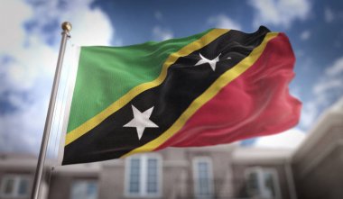 Saint Kitts ve Nevis bayrak 3d Render mavi gökyüzü bina Bac üzerinde