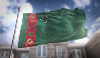 Turkmenistan Flag 3D Rendering on Blue Sky Building Background  clipart