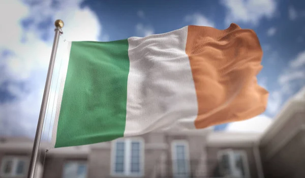 Ireland Flag 3D Rendering on Blue Sky Building Background — Stock Photo, Image