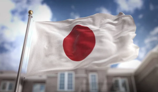 Giappone Bandiera 3D Rendering su sfondo Blue Sky Building — Foto Stock