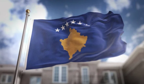 Renderowania 3d flaga Kosowa na tle budynku Sky Blue — Zdjęcie stockowe