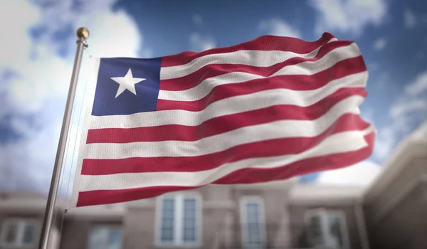 Liberia Bandeira 3D Renderização no fundo do edifício céu azul — Fotografia de Stock