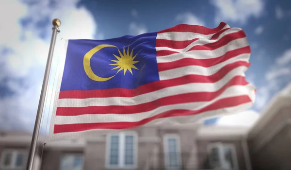 Flaga Malezji renderowania 3d na tle niebieski niebo budynek — Zdjęcie stockowe