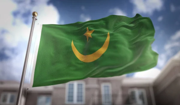 Mauritania Flag 3D Rendering on Blue Sky Building Background — Stock Photo, Image