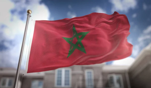 Morocco Flag 3D Rendering on Blue Sky Building Background