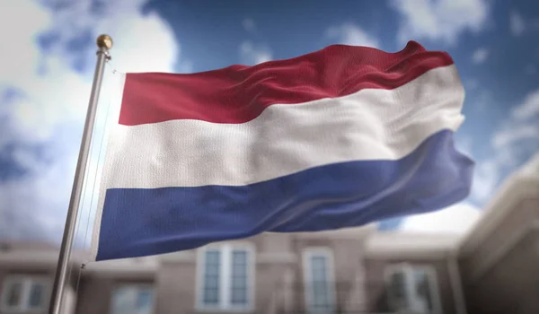 Ολλανδική σημαία 3d Rendering σε φόντο μπλε ουρανό κτίριο — Φωτογραφία Αρχείου