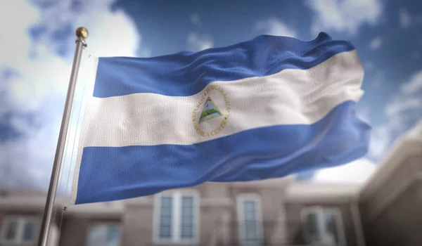 Bandera de Nicaragua 3D renderizado sobre fondo de edificio de cielo azul — Foto de Stock