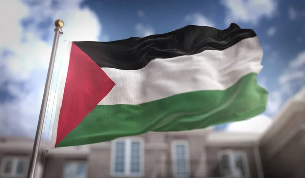 Flaga Palestyny renderowania 3d na tle budynku Sky Blue — Zdjęcie stockowe