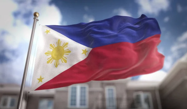 Filipine Steag 3D Redare pe fundalul clădirii Blue Sky — Fotografie, imagine de stoc