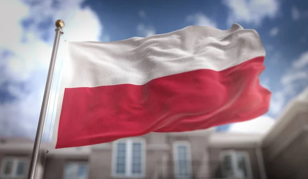 Bandera de Polonia representación 3D en el fondo del edificio del cielo azul — Foto de Stock