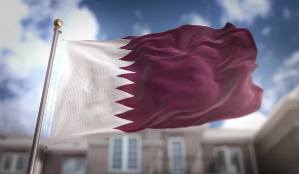 Qatar Flag 3D renderöinti Blue Sky Building tausta — kuvapankkivalokuva