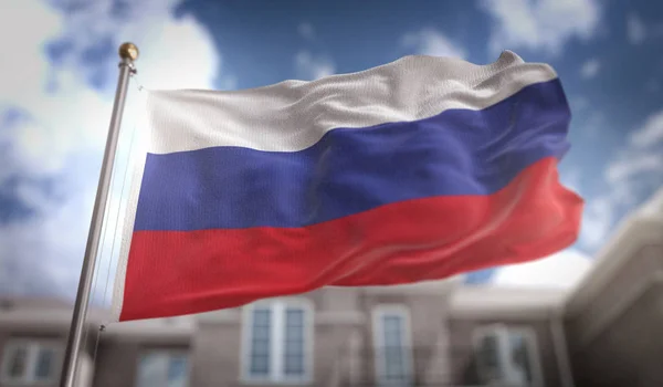 Russia Flag 3D Rendering on Blue Sky Building Background — Stock Photo, Image