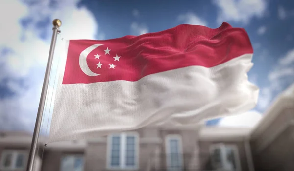 Singapore Flag 3D Rendering on Blue Sky Building Background — Stock Photo, Image