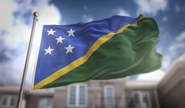 Solomon Islands Flagge 3D Rendering auf blauem Himmel Gebäude Hintergrund — Stockfoto