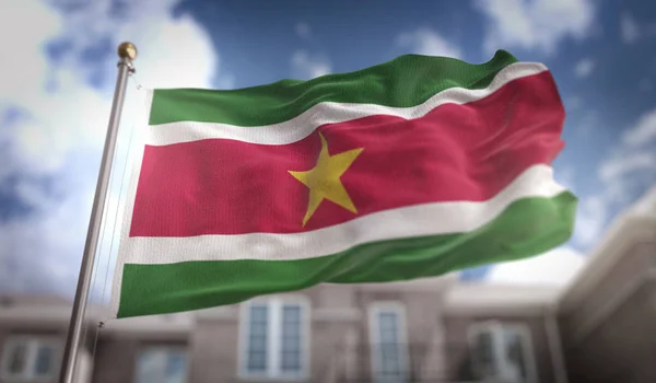 Suriname Flag 3D Rendering on Blue Sky Building Background — Stock Photo, Image