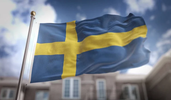 Suède Drapeau rendu 3D sur fond de bâtiment Blue Sky — Photo