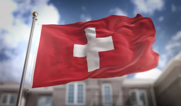 Switzerland Flag 3D Rendering on Blue Sky Building Background — Stock Photo, Image