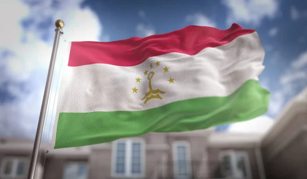 Flaga Tadżykistanu renderowania 3d na tle budynku Sky Blue — Zdjęcie stockowe