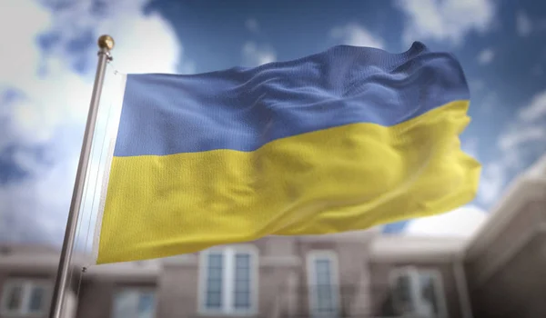 Ukraina flaga renderowania 3d na tle budynku Sky Blue — Zdjęcie stockowe