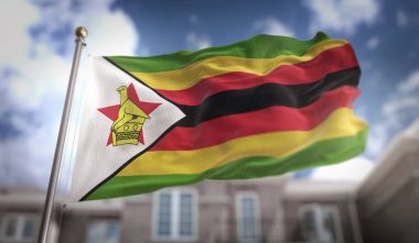 Zimbabve bayrağı mavi gökyüzü bina arka plan üzerinde 3d render 