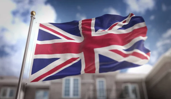 Verenigd Koninkrijk-vlag 3d Rendering op Blue Sky Building Background — Stockfoto