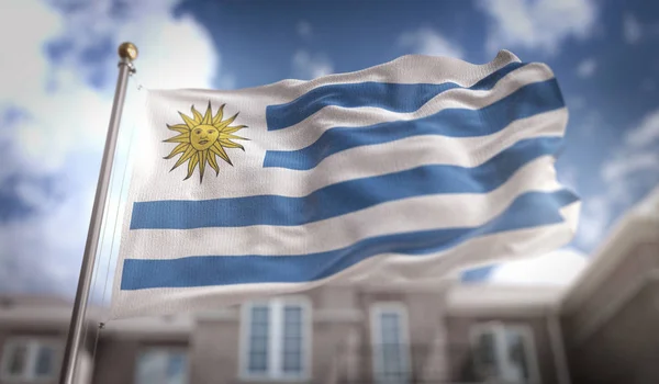 Drapeau Uruguay rendu 3D sur fond de bâtiment ciel bleu — Photo