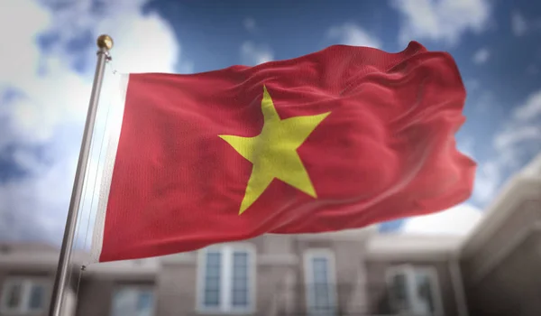 Vietnam lobogó 3d Rendering a Blue Sky épületben háttér — Stock Fotó