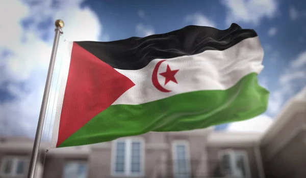 Sahrawi Flagge 3D-Rendering auf blauem Himmel Gebäude Hintergrund — Stockfoto