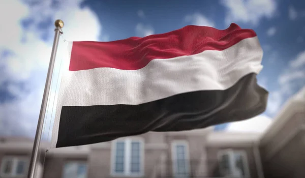 Jemen příznak 3d vykreslování na pozadí modré oblohy budovy — Stock fotografie