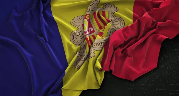 Andorra flagga skrynkligt på mörk bakgrund 3d Render — Stockfoto