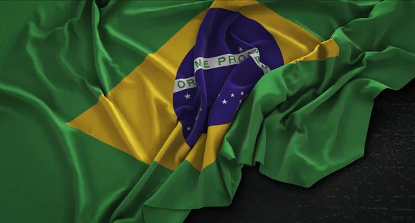 Bandeira do Brasil enrugada em fundo escuro 3D Render — Fotografia de Stock