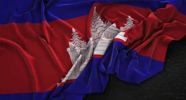 Bandeira do Camboja enrugada no fundo escuro 3D Render — Fotografia de Stock