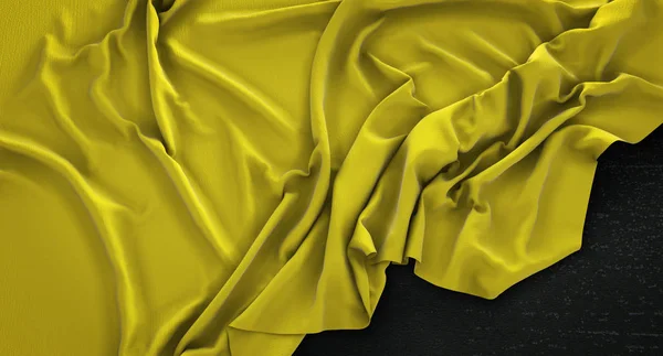 Bandeira amarela empinada enrugada no fundo escuro 3D Render — Fotografia de Stock
