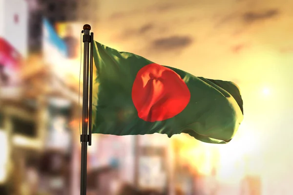 Bangladesh Flag Against City Blurred Background At Sunrise Backl — Stock Photo, Image
