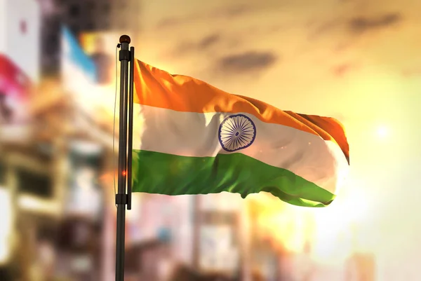 India Flag Against City Blurred Background At Sunrise Backlight — Stock Photo, Image