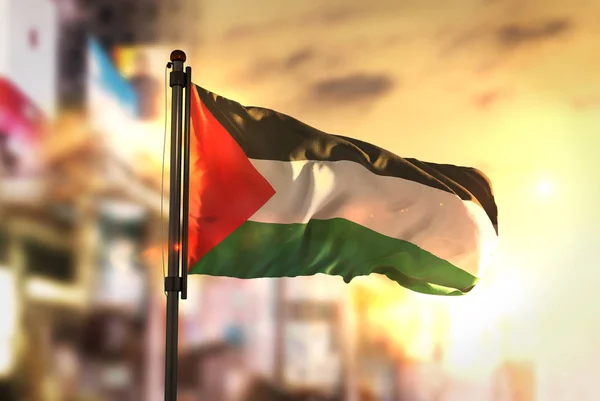 Palestina vlajka proti City rozmazané pozadí v Sunrise Backli — Stock fotografie