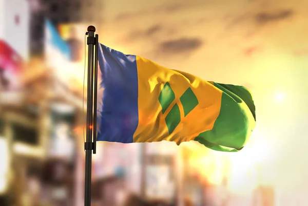 Saint Vincent and the Grenadines Flag Against City Blurred Backg — Stock Photo, Image