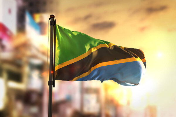 Tanzania Flag Against City Blurred Background At Sunrise Backlig