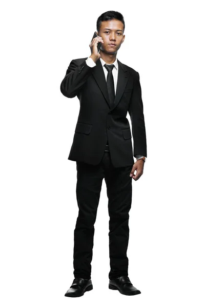 Full Body Young Asian Businessman Calling with Smartphone Isolat — Stok Foto