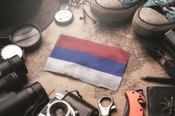 Republika Srpska Flag Between Traveler's Accessories on Old Vint — Stock Photo, Image