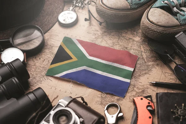 South Africa Flag Between Traveler's Accessories on Old Vintage — Stock Photo, Image