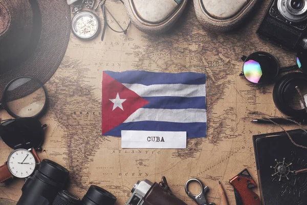 Cuba Flag Between Traveler's Accessories on Old Vintage Map Ове — стокове фото