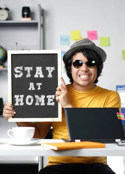 Excited Young Man Persuading People Stay Home Due Coronavirus — Stock Photo, Image